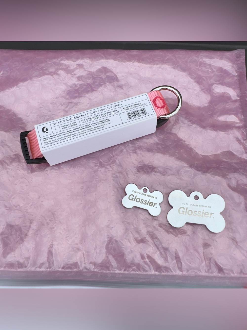 Glossier Dog Collar Small with branded tags, and pink pouch